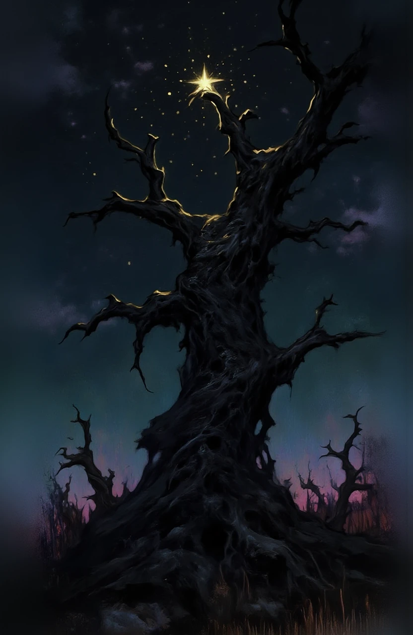 <lora:orithis-vale-style:1.5>, a twisted, gnarled tree with a glowing star at its top, set against a dark, star-filled night sky with scattered clouds. The foreground features sparse, dry vegetation. The overall color palette includes deep blues and purples, evoking a mystical, otherworldly atmosphere, 0r1t1s