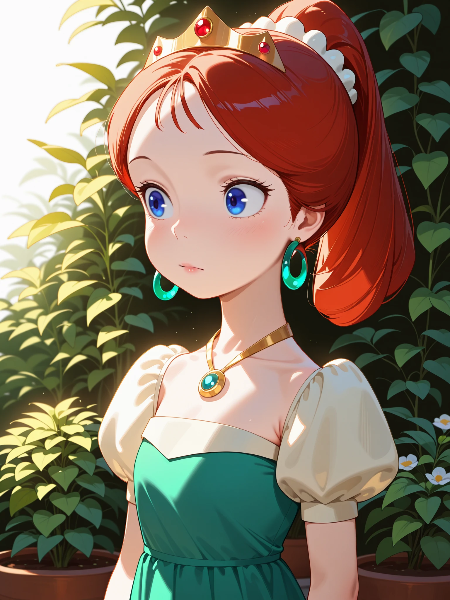 masterpiece, best quality, amazing quality, very aesthetic, absurdres,score_9, score_8_up,sharp focus,, , highres, , depth of field, score_9, score_8_up, portrait, sharp focus, soft lighting, illustration, garden, depth of field, camilleIllustrious, 1girl, solo, red hair, blue eyes, earrings, necklace, ponytail, tiara, green dress, <lora:camilleIllustrious:1>