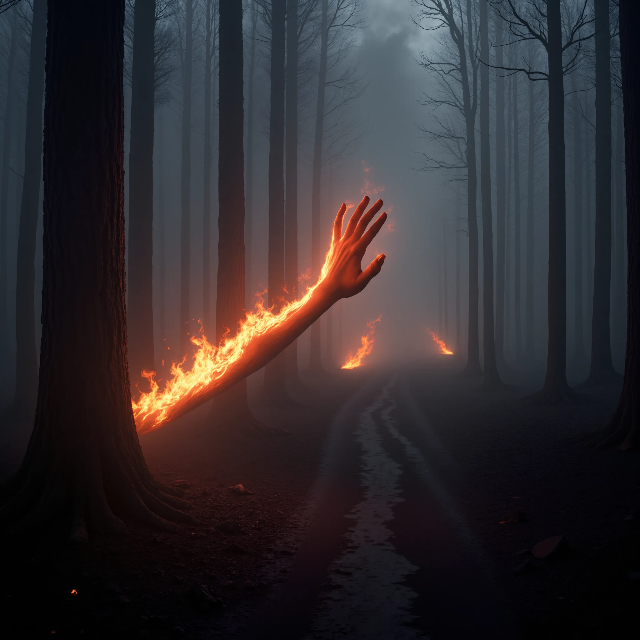 A dark forest at night, on fire in the distance, smoke and fog, out of the darkness an arm reaching out and it is on fire, seemingly coming from thin air just a fiery arm, horror, mystery, weird, eerie, creepy, like a bad bad dream, frozenc memory from a nightmare