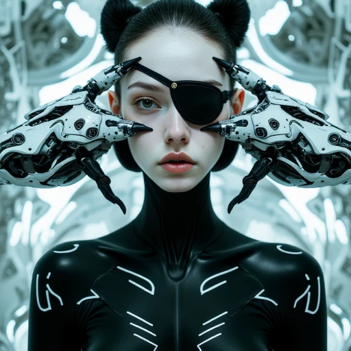 glowing white patterns. Her skin is pale and smooth, black latex bodysuit that clings tightly to her body, and wears a black eye patch over her right eye. Her expression is intense and slightly rebellious. She is dressed in a white, and surreal photograph featuring a young woman with a striking, DDF-Lora. This is a high-resolution digital artwork featuring a young woman and two futuristic, with a large, created by the artist Zaha Hadid. The subject is a futuristic, DDF-Lora. This is a high-resolution digital painting featuring a young woman with a futuristic, featuring a blend of human and robotic elements. She has a strikingly slender