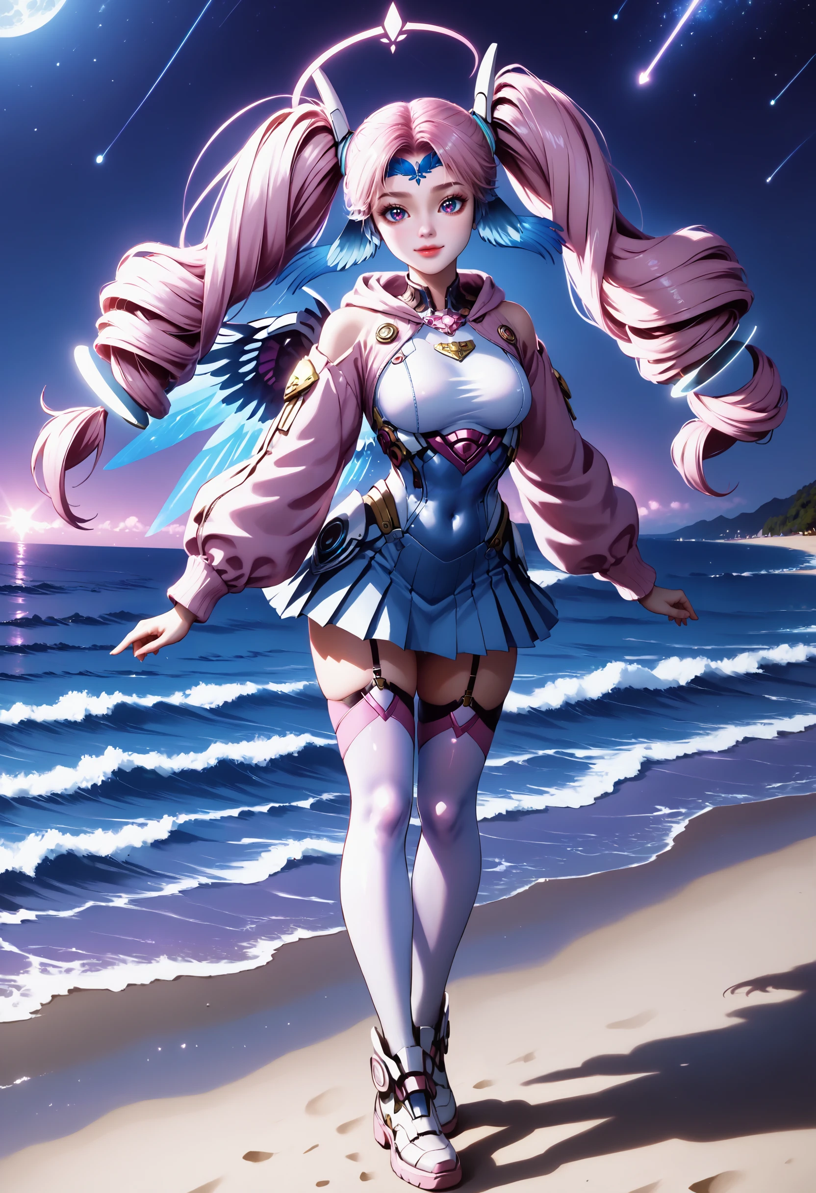 Masterpiece, best quality, amazing quality, very aesthetic, high resolution, ultra-detailed, absurdres, HDR, cinematic lighting, highres, newest,
aichen, 1girl, pink hair, solo, long hair, twintails, drill hair, purple eyes, blue head wings, blue forehead jewel, hair ornament, glowing golden rings on the twintails at the end, dutch_angle, pink aura, heart, dynamic_pose, bodysuit, realistic, photorealistic, cropped_hoodie, pleated_skirt, night, moonlight, white_legwear, white_footwear, beach, blush_stickers, full-face_blush, garter_straps,