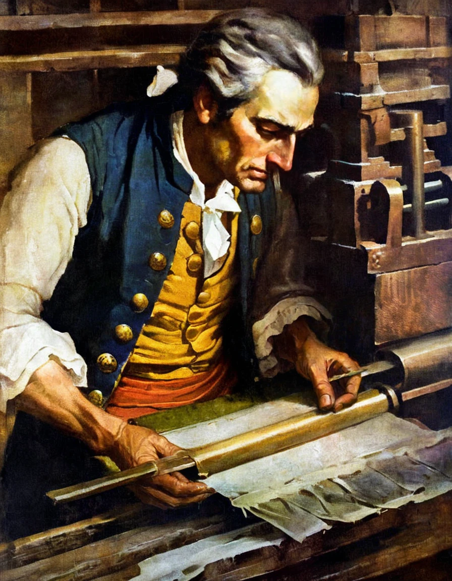 painting by Schoonover of a man working on a printing press in a printer's shop in Philadelphia in Colonial American in 1763 texture, top down, close up <lora:FSchoonover-000003:1>