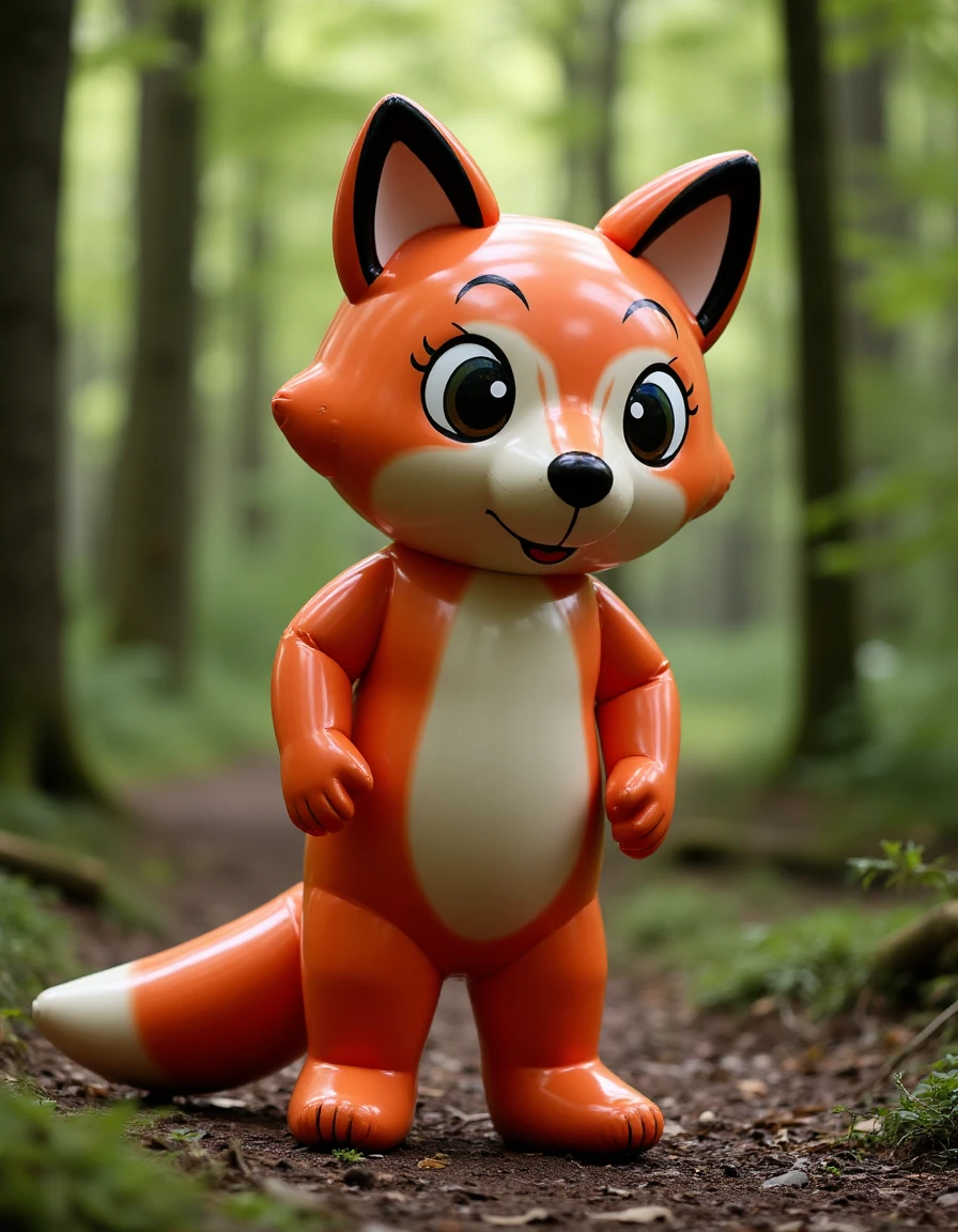 a latex inflatable fox fursuit in a forest