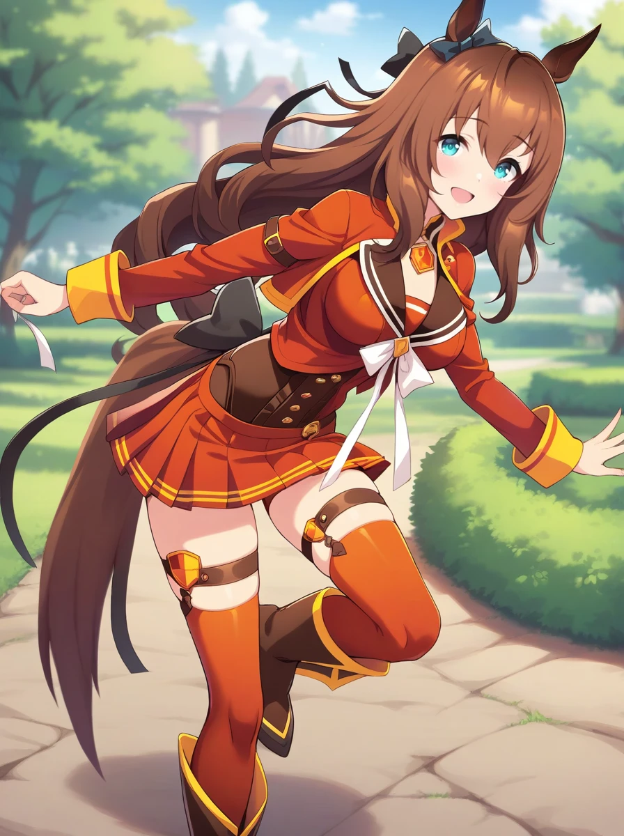 masterpiece, best quality,
maruzensky \(umamusume\), 1girl, horse ears, horse tail, red shorts, red pleated skirt, full body, brown knee boots, looking at viewer, long sleeves, brown thigh belt, tail through clothes, red thighhighs, red cropped jacket, low back black ribbon, white ribbon tie, black hair bow, blue ear ribbon, red sailor shirt, brown corset,
big smile,open mouth, cowboy shot,
outdoors,
<lora:SDXL_maruzensky_ver1.0:0.8>