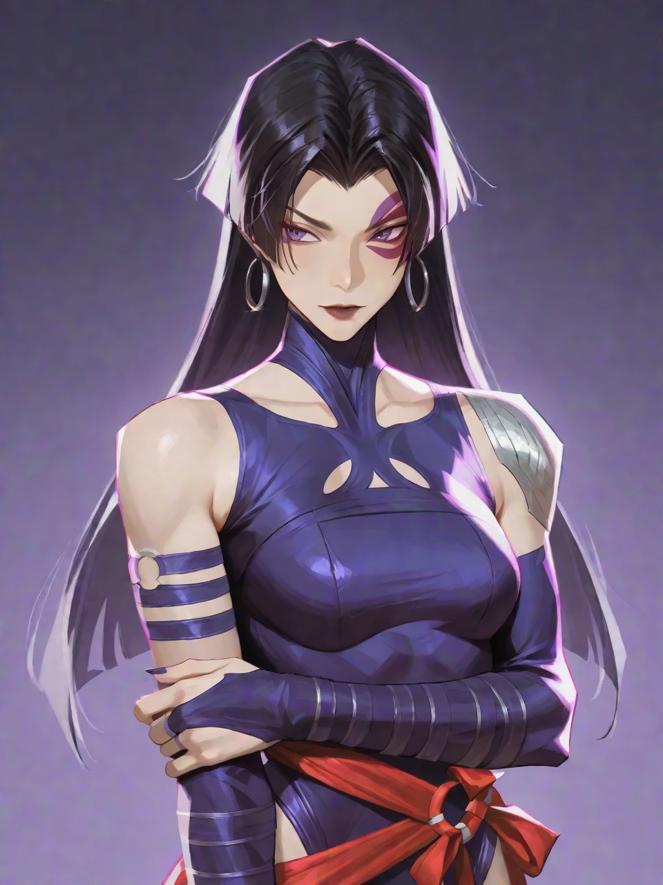 ((Portrait)), She has a Youthful and Muscular Appearance, with a Expressionless Face and Intense Violet Eyes. Her Hair is Long and Puffy, in Dark Purple Tone, styled in a High Ponytail with Strands Falling Over Her Forehead. She Wears a Black Sleeveless High-necked Top, with a Pleated Center Panel. She Also Wears a Large White Belt that Wraps Around Her Waist, Portrait, HDR, ((Dark Background))