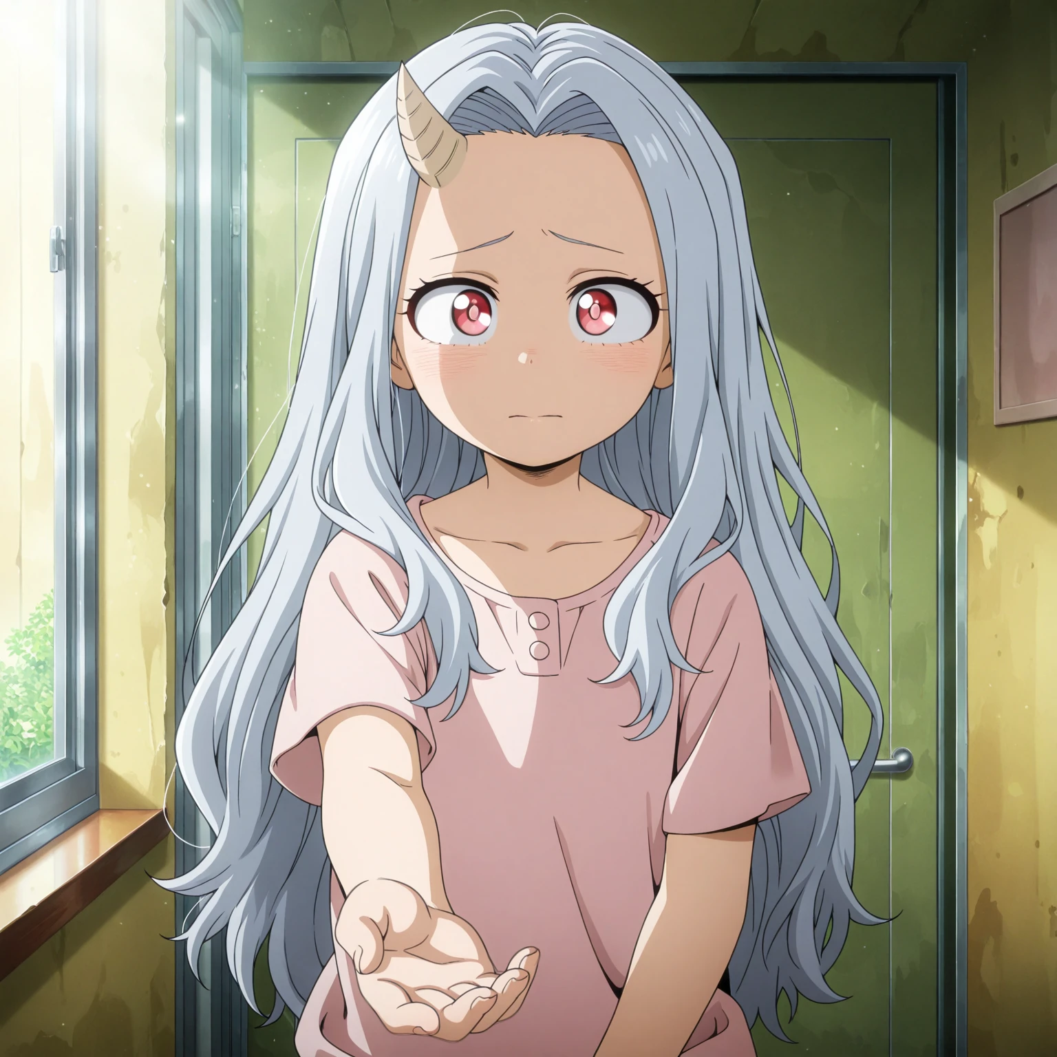 1girl, eri_mha, (one horn, horn on right side), (reaching towards viewer, innocent girl, sad), sleevless top, kawaii, hdr, high contrast, upscaled, indoor,
(masterpiece, best quality, absurdres), masterpiece, highres, perfect anatomy, anime style, anime screenshot, 8k wallpaper, ultra high quality, (extremely detailed cg), (perfect lighting), (sharp image), AddXL