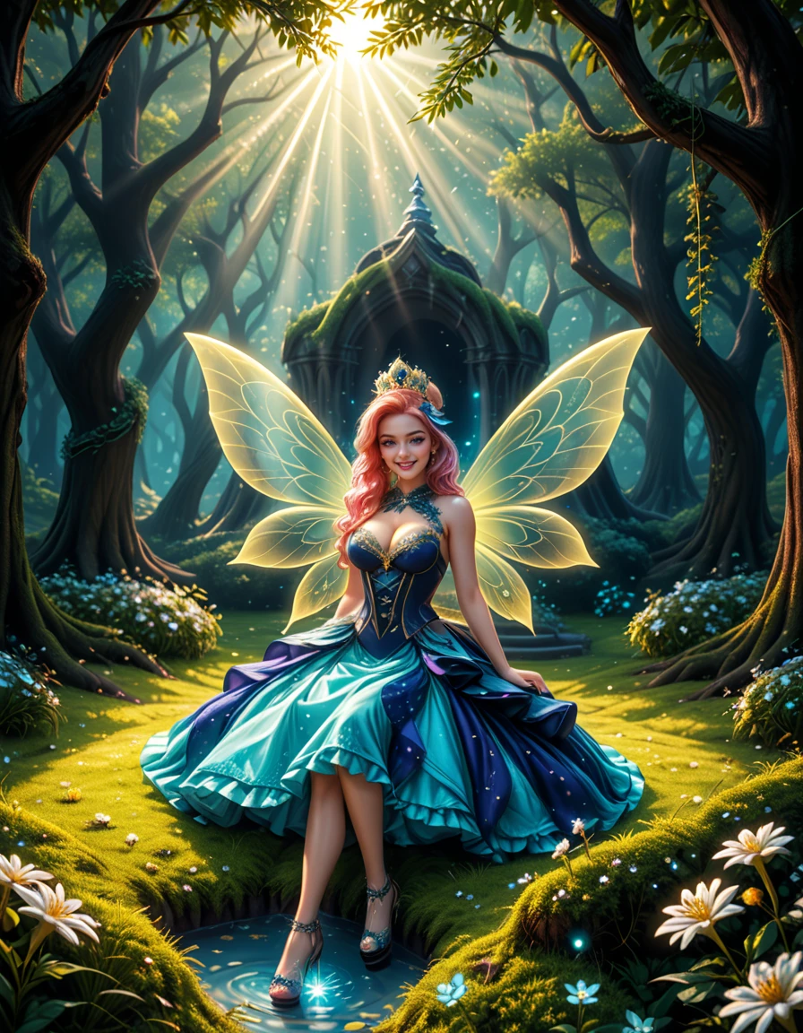 A graceful fairy woman sitting elegantly in front of an enchanted forest,3nch4nt3d f0r3st. She has delicate, shimmering translucent wings that catch the light, creating a soft iridescent glow. Her flowing dress is a pastel pink adorned with intricate floral patterns, appearing almost as if itâs made from petals. Her posture is relaxed yet regal, with one hand gently resting on her lap and the other lightly holding a small glowing orb. Her long, wavy hair cascades down her back in soft golden locks, with small flowers woven into it. Her expression is serene and slightly wistful, with a warm, gentle smile.
The enchanted forest behind her is mystical and vibrant, with towering ancient trees whose twisted branches are illuminated by bioluminescent plants. Soft golden and purple light filters through the dense foliage, giving the scene an otherworldly atmosphere. Tiny glowing fireflies float around her, adding to the magical ambiance. The ground is covered in lush moss and scattered with colorful, luminous mushrooms. The overall lighting is soft and dreamy, with a subtle pink and purple hue blending harmoniously with the fairyâs attire. This scene evokes a feeling of peace, wonder, and enchantment.<lora:SDXLFaeTastic2400:0.4> <lora:extremely_detailed:0.4> extremely detailed, <lora:3nch4nt3d_f0r3st:1>, Masterpiece,best quality,hi res,8k,hi res,8k,award winning,(sharp focus, intricate, highly detailed),