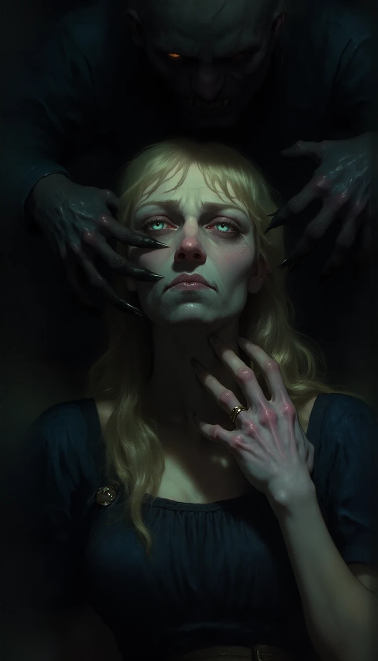 <lora:orithis-vale-style:1.5>, pale-skinned, blonde woman with blue eyes, her expression pained as dark, clawed hands grip her face. She has long, straight hair with bangs. The background is dark and eerie, with shadowy figures looming. The art style is dark and unsettling, with a focus on horror and tension, 0r1t1s