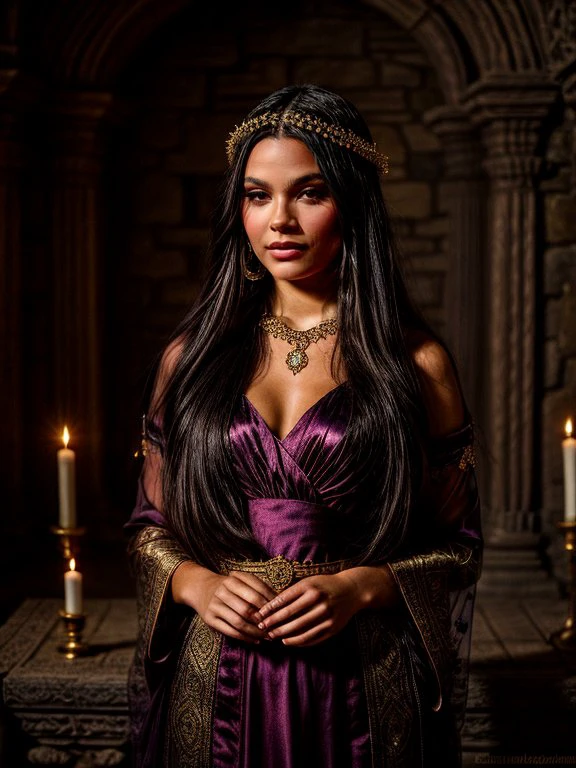 <lora:000ArianaGreenblatt:0.7>,adri,
A young woman with long dark hair, wearing a luxurious purple dress with gold decorations. The dress has a deep neckline and is decorated with intricate patterns. The woman is wearing a lot of jewelry: a massive necklace, earrings, bracelets and a decoration on her forehead. The background is an interior with stained glass windows and candles, creating the atmosphere of a medieval castle or temple. The light softly illuminates her face, giving the scene a mysterious and romantic feel., <lora:more_details:1> <lora:detailSliderALT:1>