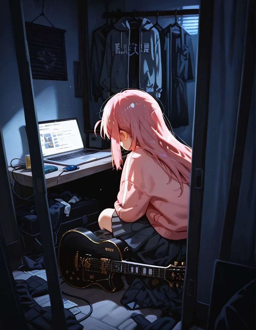 1girl, gotoh hitori, playing guitar, dark room, inside clothes closet, unworn clothes, laptop,
<lora:KNK_CieloBlend_style_illustrious01_v5_nte:1>