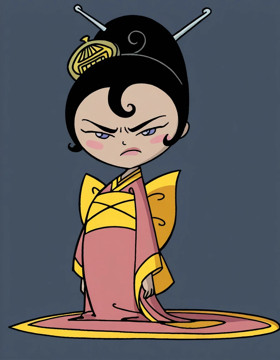 <lora:KimikoIllustrious3.0JLFO:1>kimiko, solo, pink kimono, black hair, hair ornament, 1girl, hair stick, sash, blush stickers,frown, long sleeves,looking at viewer,simple background, full body