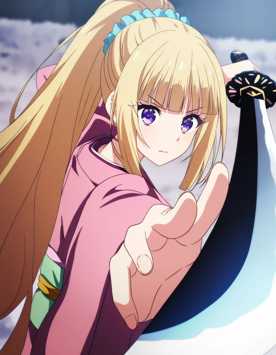 masterpiece, best quality, newest, absurdres, highres, safe,, <lora:kei-karuizawa-anime-s2-ponyxl-lora-nochekaiser:1>, kei karuizawa, long hair, bangs, blunt bangs, purple eyes, blonde hair, hair ornament, ponytail, scrunchie, blue scrunchie, medium breasts, anime screencap, <lora:gatotsu-stance-illustriousxl-lora-nochekaiser:1>, gatotsu stance, weapon, sword, katana, holding weapon, holding, holding sword, foreshortening, japanese clothes, kimono, looking at viewer,, ,