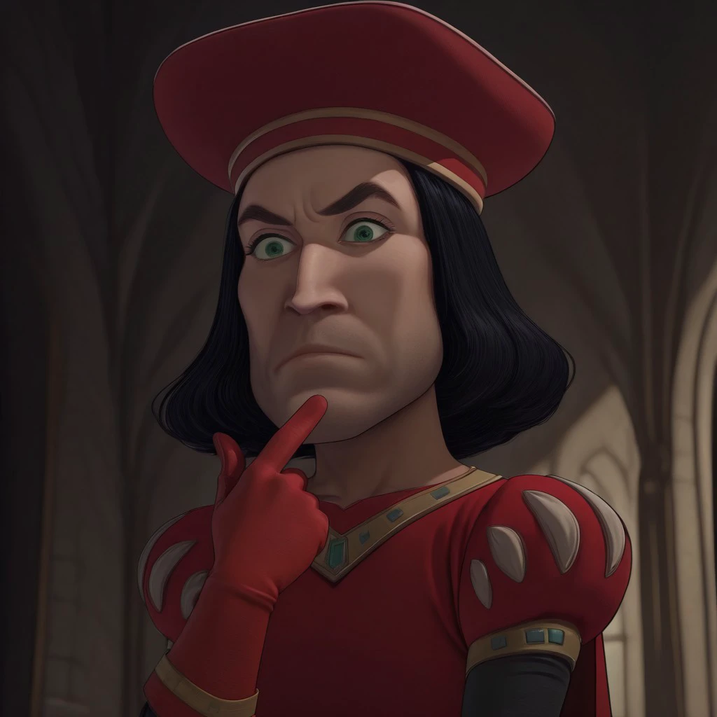 masterpiece, best quality, newest, absurdres, highres, anime, anime style, Lord-Farquad-IL-V1.0 Lord-Farquad-IL-base outfit, short hair, red gloves, black hair, beret, cape, gloves, hat, green eyes, red headwear, hat,
