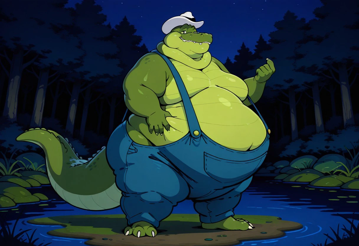 2d, digital art, mature male, scalie, alligator, white hat, blue overalls, obese, double chin, flabby arms, belly overhang, fat legs, standing, swamp, outdoor, forest, night, smirk, looking at viewer, beckoning, solo, front view, full body view, ultra detailed, amazing background, correct anatomy, amazing quality, superabsurd res.