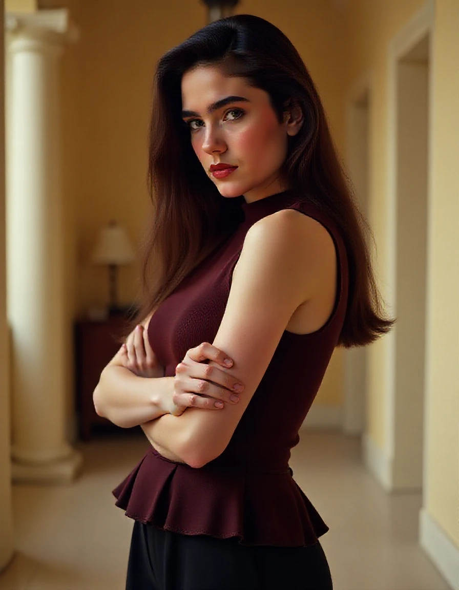 <lora:AnastasiaRose_v1.0:1> AnastasiaRose
(female in a dark theme),Beauty photo, facing viewer, 
with (
Navy blue striped boatneck shirt        Dark blue high-waisted skirt    Black pumps     Statement diamond necklace, 
:1.2)
(long wavy hair:1.1) hairstyle,  (head tilt,:1.2)
detailed hair strand, ear, detailed upper torso, detailed eyes, detailed pupils, detailed iris, detailed nose, detailed lips, ears, detailed sideburns, eye reflection, ray tracing, path tracing, reflection,
in style of
Richard Avedon  Portrait        Large-format camera, high-quality lenses        Simple backgrounds,
<lora:epiC35mm:1>  epiCPhoto,  (plunging neckline:-1) dark background,