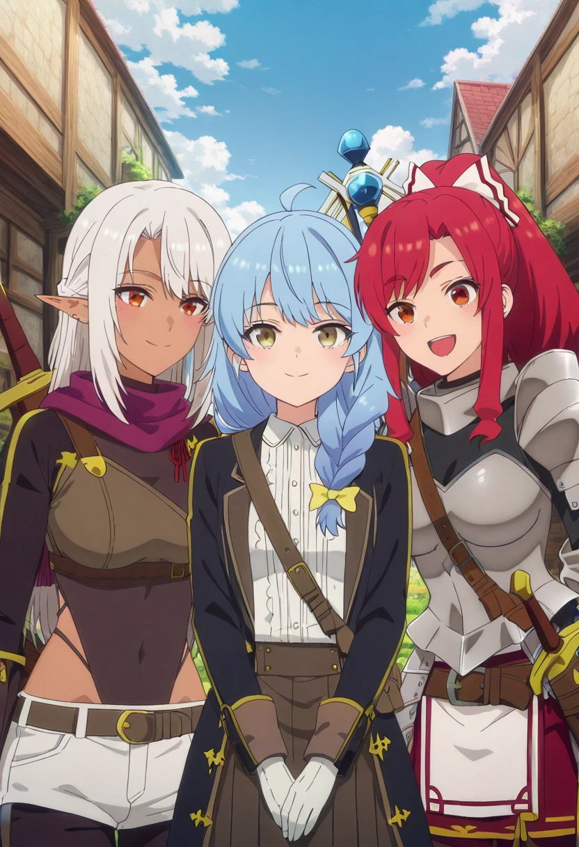 masterpiece, best quality, eyelashes, (beautiful eyes),   zz3girls, long hair, breasts, looking at viewer, multiple girls, red eyes, brown eyes, blue hair, yellow eyes, ponytail, weapon, braid, ahoge, white hair, red hair, outdoors, sky, pointy ears, sword, dark skin, 3girls, scarf, armor, leotard, dark-skinned female, staff, elf, dark elf, smile, looking at viewer, hug,   ,<lora:ARankPartyStyle_IXL:1.0>,