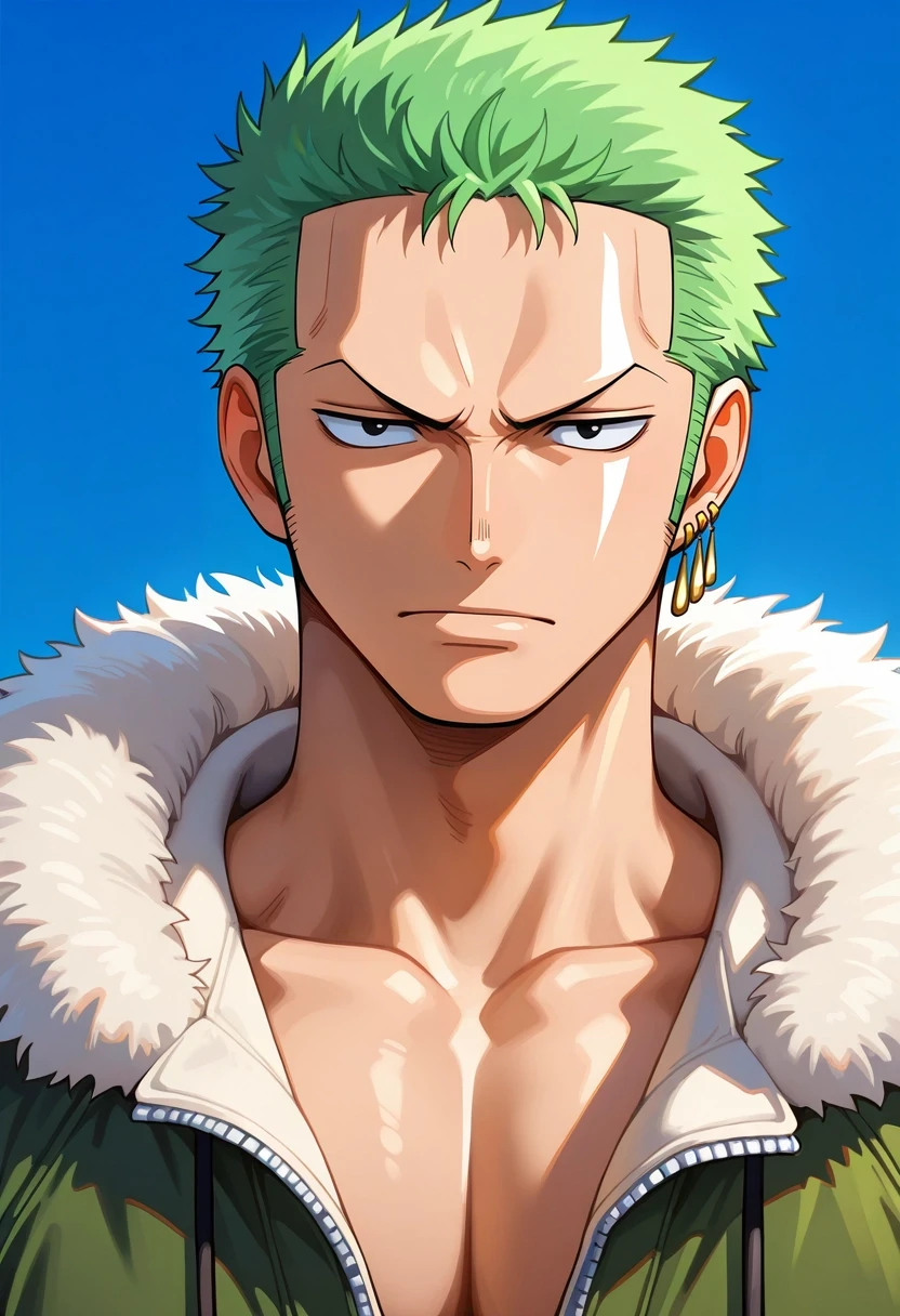 masterpiece, best quality, , semi-realistic, , 1boy, solo, male focus, <lora:zoro_roronoa_ilxl:0.9>, zoro_roronoa, green hair, black eyes, short hair, , sideburns, , , , parka,