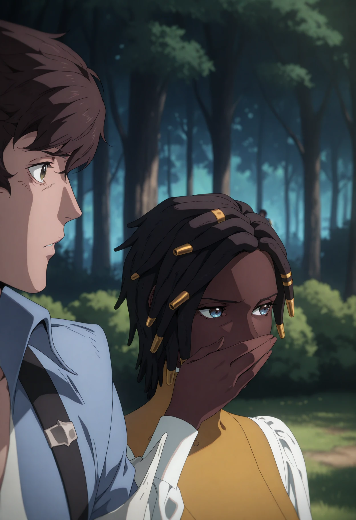 <lora:CastlevaniaNocturneILXL:1> n0cturn3,
1girl, 1boy, dark skin, very dark skin, brown hair, blue eyes, covering own mouth, shirt, dreadlocks, brown eyes, black hair, forest, dark-skinned female, hand over own mouth, nature, short hair, white shirt, tree, outdoors, collarbone, bush, looking to the side, vest, blue jacket, upper body, foliage, jacket, masterpiece, best quality, amazing quality, intricate detail, highly detailed, absurdres,