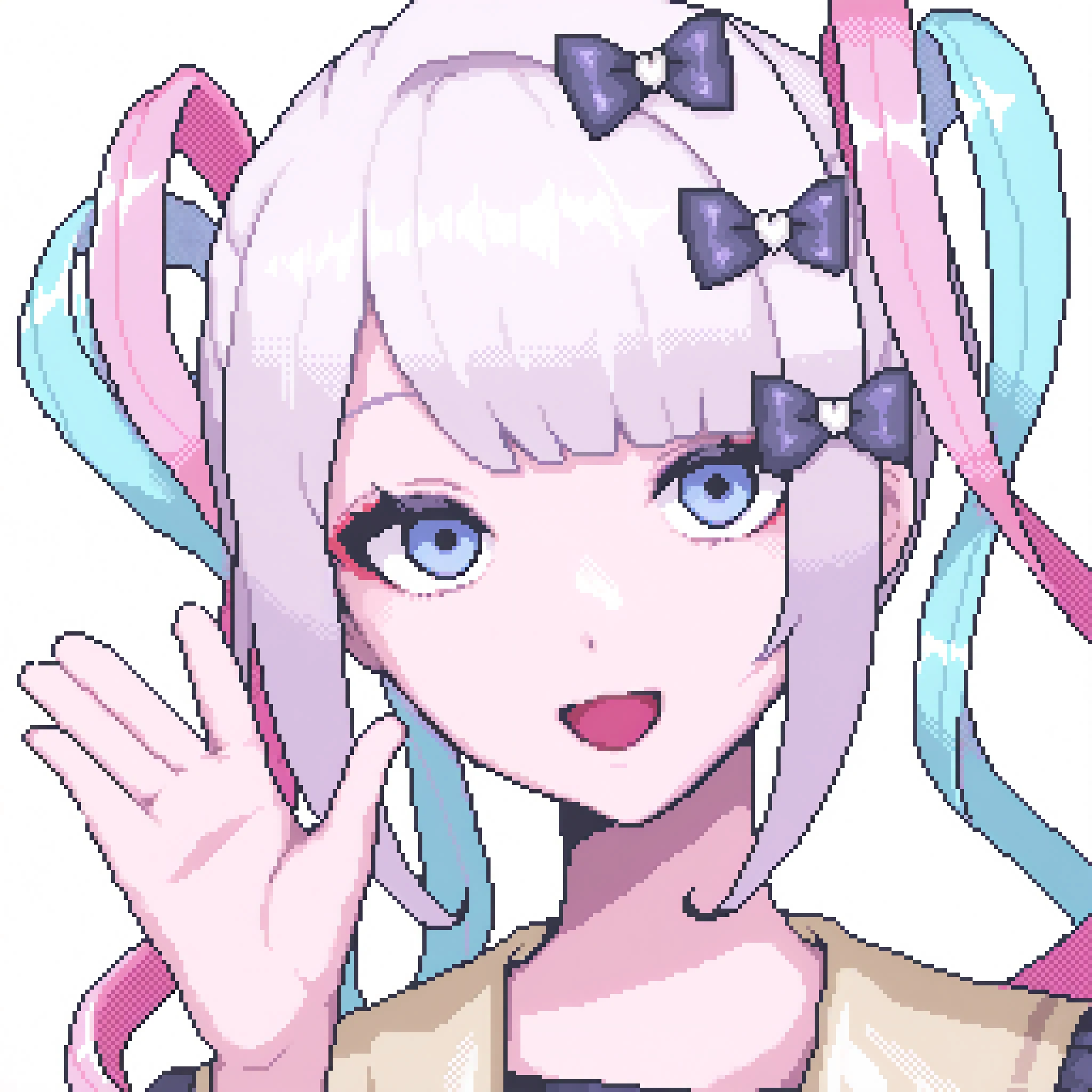 chouzetsusaikawa_tenshi-chan
masterpiece best quality, newest,
1girl, solo, portrait , pink hair, white hair, blue hair, :D, hand up,head tilt, waving,