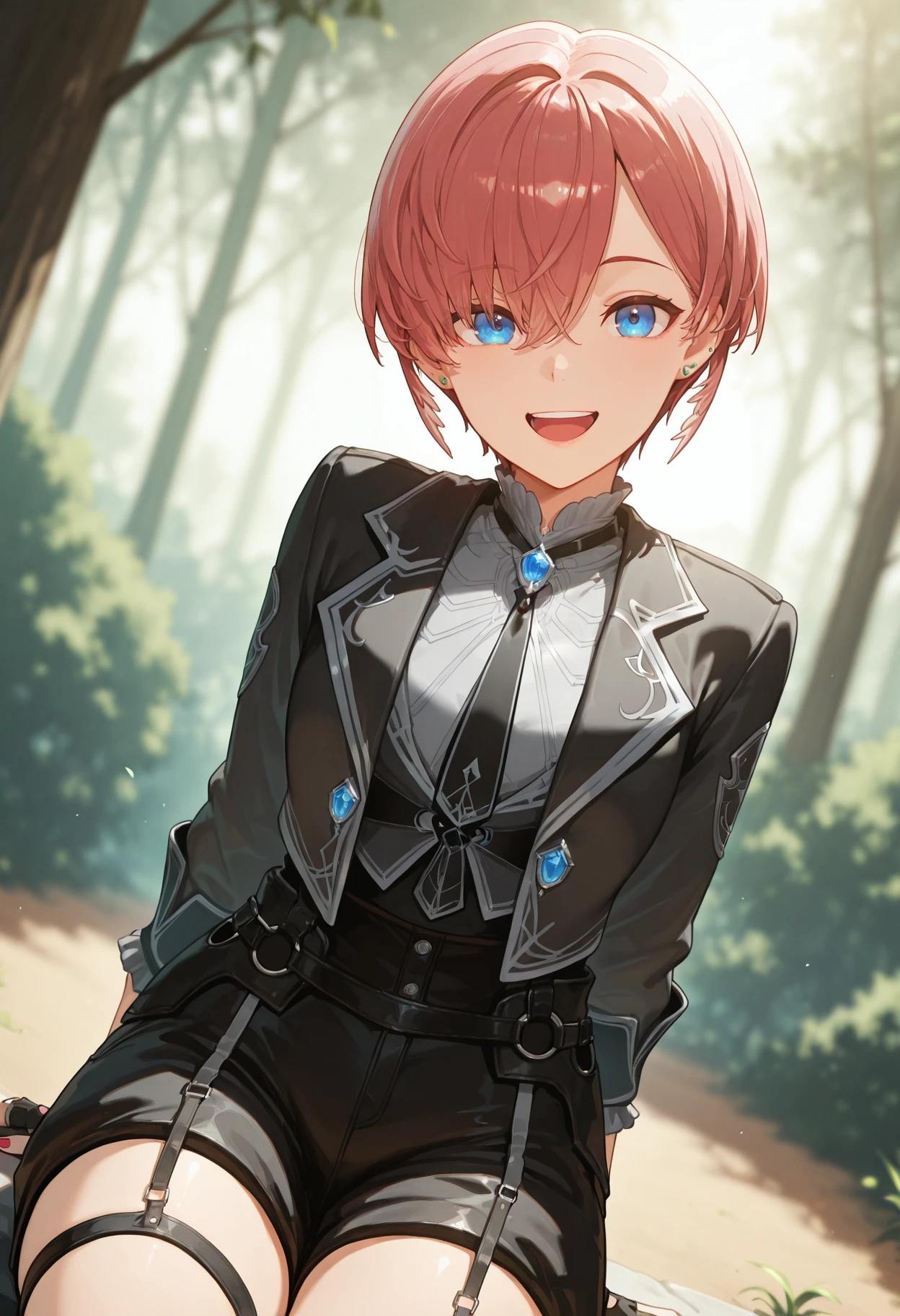masterpiece, best quality, amazing quality,
<lora:luiIL:1>,
luiIL, lui4th, short hair, black gloves, fingerless gloves, black shirt, long sleeves, earrings, black shorts, thigh strap, shorts, dutch angle, smile, shirt, nail polish, jacket, hair between eyes, upper teeth only, red nails, white shirt, sitting, gloves, jewelry, open mouth, 1girl, looking at viewer, :d, necktie, solo, frills, teeth, black jacket, outdoors, nature, blurry background,