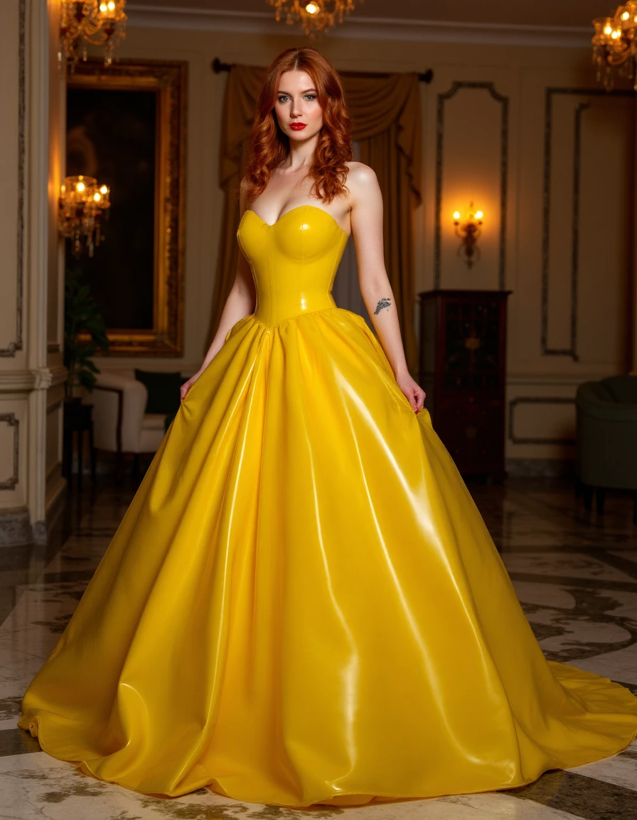 a redhead woman wearing a bright yellow latex ballgown in a luxurious mansion