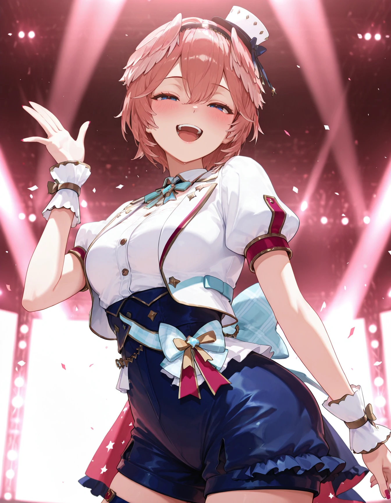 masterpiece, best quality, amazing quality,
<lora:luiIL:1>, luiIL, luiidol, short hair, blue shorts, short sleeves, wrist cuffs, white shirt, head wings, short shorts, black hairband, bow, puffy short sleeves, frills, thigh strap, shorts, high-waist shorts, smile, medium breasts, cowboy shot, shirt, nail polish, hat, hair between eyes, hairband, puffy sleeves, hand up, 1girl, looking at viewer, blush, solo, mini hat, concert, idol, open mouth, half-closed eyes,