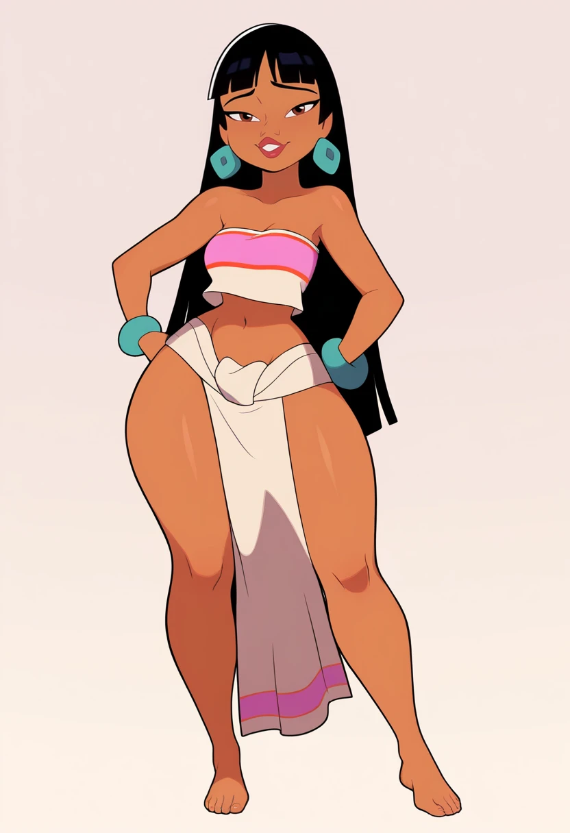 masterpiece, best quality, very aesthetic, absurdres,
1girl, chel, black hair, long hair, blunt bangs, brown eyes, dark skin, lipstick,
tube top, cleavage, pelvic curtain, bare shoulders, bracelet, earrings, midriff, narrow waist, navel, thick thighs, wide hips, barefoot,
standing, full body, hands on hips,
smile, solo, looking at viewer, simple background, white background, <lora:ChelNoobXL_byKonan:1>