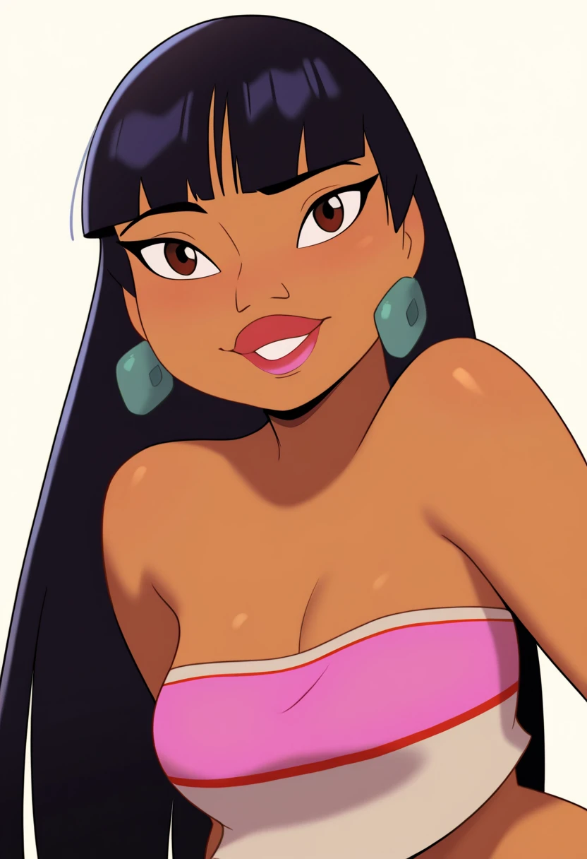 masterpiece, best quality, very aesthetic, absurdres,
1girl, chel, black hair, long hair, blunt bangs, brown eyes, dark skin, lipstick,
tube top, cleavage, bare shoulders, earrings,
upper body,
smile, solo, looking at viewer, simple background, white background, <lora:ChelNoobXL_byKonan:1>