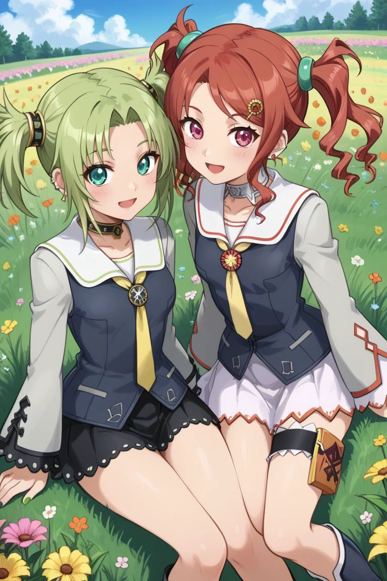 <lora:add-detail-xl:1>source anime, detailed, official art,
<lora:HandFineTuning_XL:1>
BREAK,
flower field, windy, flower petals, outdoor,
open smile, (open mouth:0.8), (one eye closed:0.6),
BREAK,
<lora:paz_pdxl_v01_1:0.8>2girls, multiple girls, sitting, dynamic angle,
tovdroite, green eyes, green hair, choker, hair rings, sailor collar, short hair, side locks, parted bangs, twintails, long sleeves, wide sleeves, black skirt, earrings, nail polish, thigh strap, smile,
tovgauche, brown hair, brown eyes, yellow necktie, white skirt, frilled sleeves, grey boots, high heels