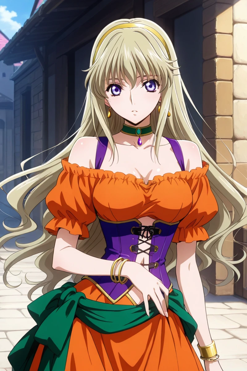<lora:leila_malcal_CGA_illus:1>leila malcal, village dress, 1girl, solo, long hair, breasts, looking at viewer, blue eyes, skirt, blonde hair, shirt, dress, navel, bare shoulders, jewelry, very long hair, standing, purple eyes, collarbone, hairband, earrings, outdoors, choker, midriff, off shoulder, bracelet, long skirt, off-shoulder shirt, orange shirt green sash, orange skirt<lora:Add_more_details_pony:0.8> proportional body, cowboy shot, contrapposto, sexy pose, one hand on waist, side view, purple mini corset,