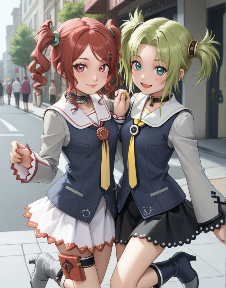 <lora:add-detail-xl:1>source anime, rating explicit, detailed,
BREAK,
street, public,
smile, (open mouth:0.8), (one eye closed:0.6),
BREAK,
<lora:paz_pdxl_v01_1:0.8>2girls, multiple girls, holding hands, dynamic angle, dynamic pose,
tovdroite, green eyes, green hair, choker, hair rings, sailor collar, short hair, side locks, parted bangs, twintails, long sleeves, wide sleeves, black skirt, earrings, nail polish, thigh strap, smile,
tovgauche, brown hair, brown eyes, yellow necktie, white skirt, frilled sleeves, grey boots, high heels