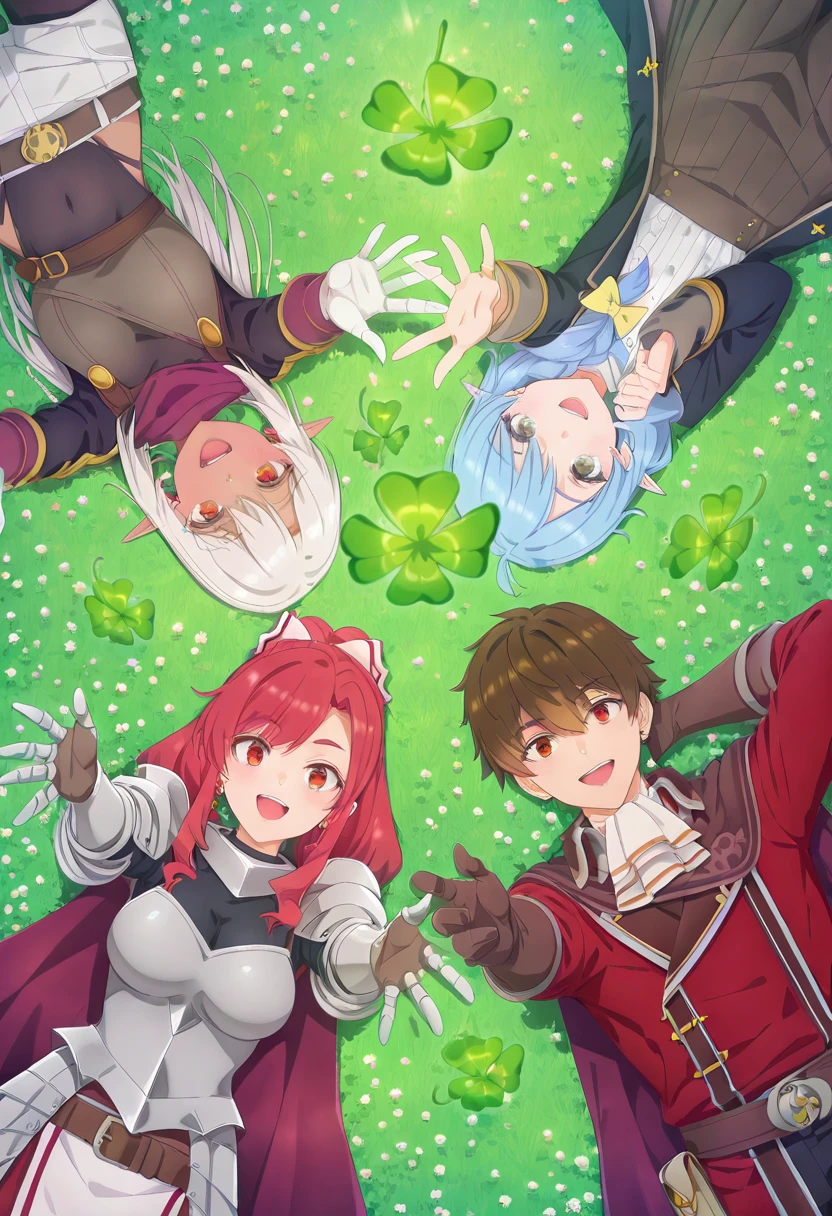 masterpiece, best quality, eyelashes, (beautiful eyes),   sp3c14lc0v0r, long hair, looking at viewer, smile, short hair, open mouth, multiple girls, brown hair, hair ornament, red eyes, gloves, 1boy, bow, brown eyes, jewelry, blue hair, yellow eyes, braid, flower, white hair, :d, hair bow, red hair, earrings, outdoors, lying, pointy ears, belt, hair flower, dark skin, 3girls, on back, scarf, cape, armor, dark-skinned female, coat, orange eyes, covered navel, grass, outstretched arms, elf, arms behind head, yellow bow, brown gloves, breastplate, reaching towards viewer, clover, four-leaf clover, clover hair ornament ,<lora:ARankPartyStyle_IXL:1.0>,
