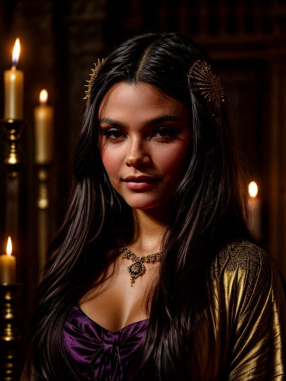<lora:000ArianaGreenblatt:0.7>,adri,
A young woman with long dark hair,wearing a luxurious purple dress with gold decorations. The dress has a deep neckline and is decorated with intricate patterns. The woman is wearing a lot of jewelry: a massive necklace,earrings,bracelets and a decoration on her forehead. The background is an interior with stained glass windows and candles,creating the atmosphere of a medieval castle or temple. The light softly illuminates her face,giving the scene a mysterious and romantic feel.,, <lora:more_details:1> <lora:detailSliderALT:1>