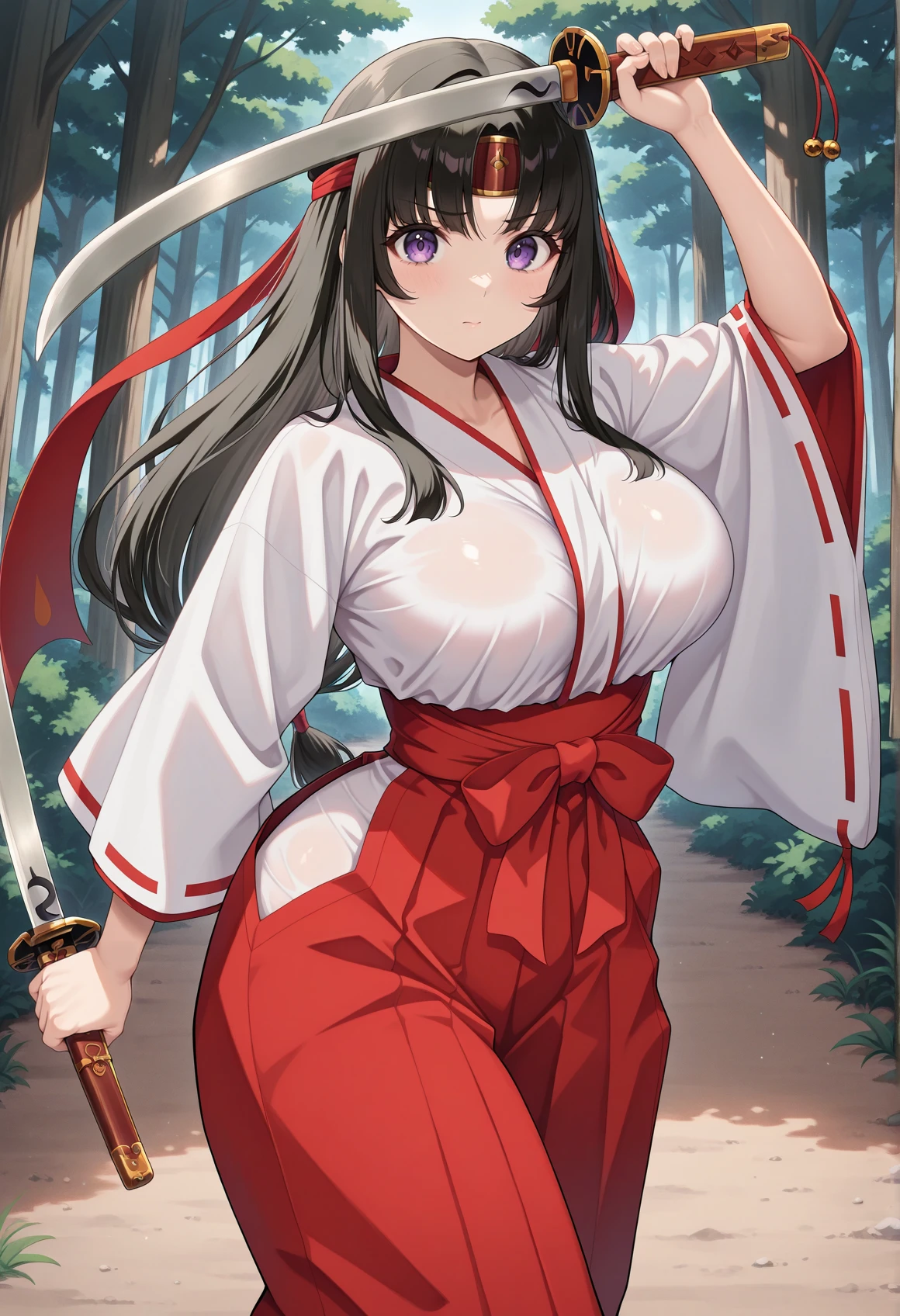 (( 1girl in)), (NSFW)、Fox ears、blush,brown haired、Blue eyes,in woods、(((large full breasts)))、big butts、((thick thighs))、Sweat、glares、Long hair、((Twin-tailed))、((spreading legs))、shrine maiden、White kimono、Red mini skirt、(Armpits)、Hold the sword、Black knee socks