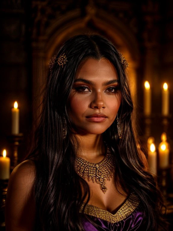 <lora:000ArianaGreenblatt:0.7>,adri,
A young woman with long dark hair,wearing a luxurious purple dress with gold decorations. The dress has a deep neckline and is decorated with intricate patterns. The woman is wearing a lot of jewelry: a massive necklace,earrings,bracelets and a decoration on her forehead. The background is an interior with stained glass windows and candles,creating the atmosphere of a medieval castle or temple. The light softly illuminates her face,giving the scene a mysterious and romantic feel.,, <lora:more_details:1> <lora:detailSliderALT:1>