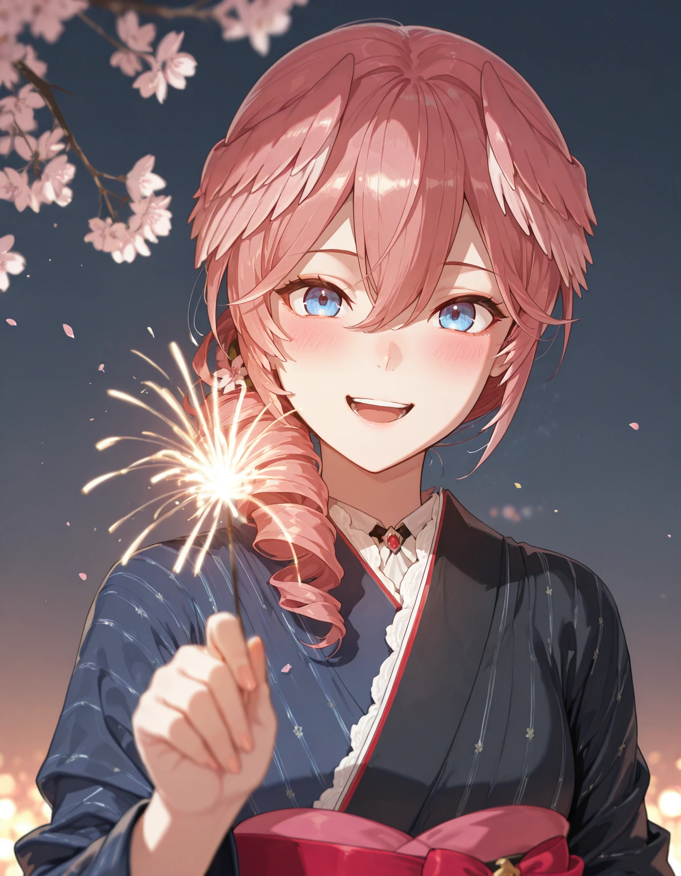 masterpiece, best quality, amazing quality,
<lora:luiIL:1>, luiIL, luinewyear, long hair, japanese clothes, blue kimono, black kimono, vertical striped kimono, blurry, smile, kimono, blurry foreground, hair between eyes, obi, hair over shoulder, head wings, holding, branch, flower, upper body, cherry blossoms, 1girl, looking at viewer, drill hair, blush, solo, open mouth, holding fireworks,