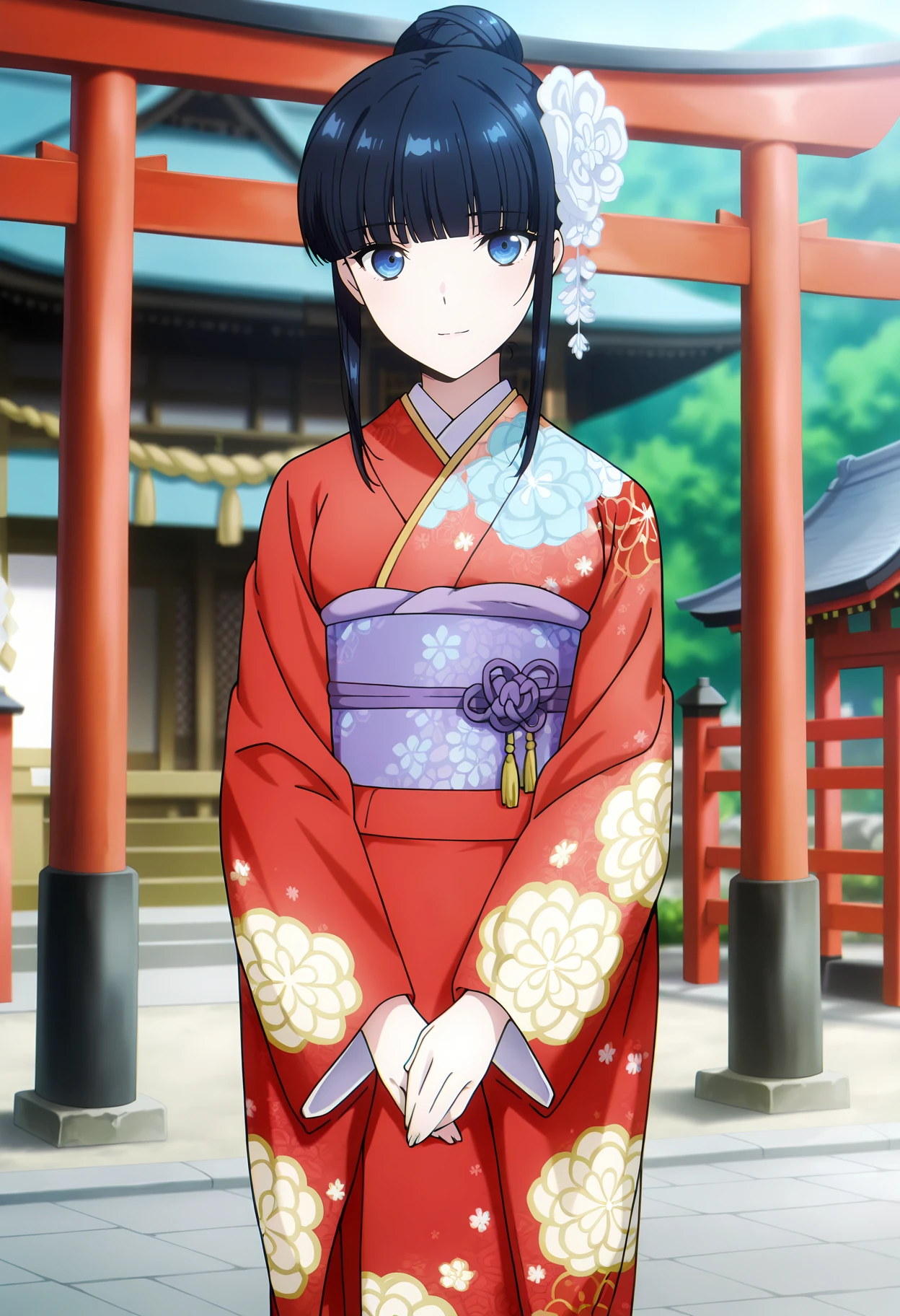 anime screencap, masterpiece, best quality,
<lora:MahoukaKoukouNoRettousei_ShibaMiyuki_IlluXL:0.9>,
1girl, solo, closed mouth, light smile,
single hair bun, black hair, blunt bangs, blue eyes, hair ornament, white flower,
MiyukiKimono, floral print kimono, red kimono, purple sash, obi,
looking at viewer, cowboy shot,
outdoors, east asian architecture, shrine, day, torii, blurry background