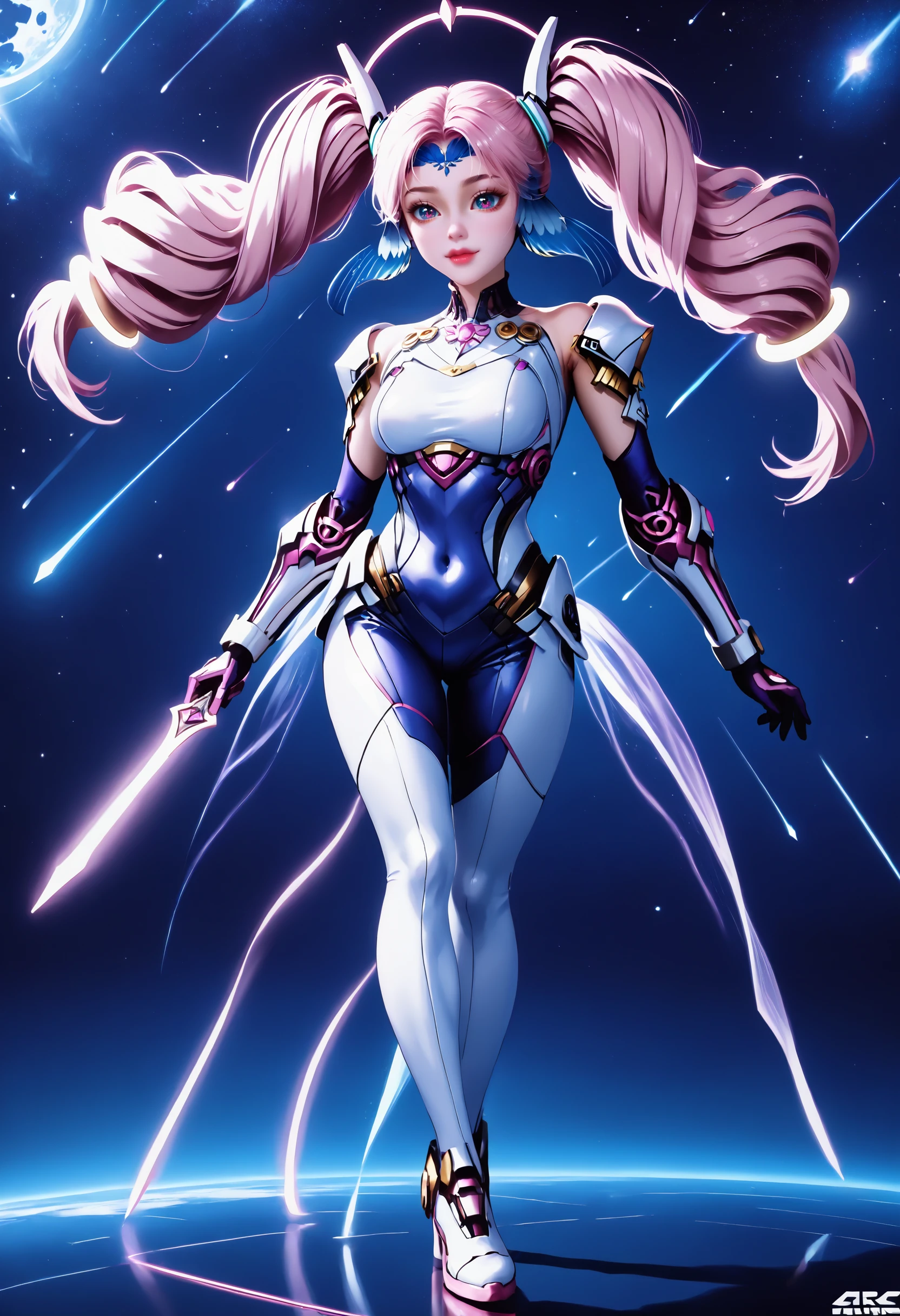 Masterpiece, best quality, amazing quality, very aesthetic, high resolution, ultra-detailed, absurdres, HDR, cinematic lighting, highres, newest,
aichen, 1girl, pink hair, solo, long hair, twintails, drill hair, purple eyes, blue head wings, blue forehead jewel, hair ornament, glowing golden rings on the twintails at the end, dutch_angle, pink aura, heart, dynamic_pose, bodysuit, realistic, photorealistic, blue background, night, moonlight, white_legwear, white_footwear, space_station,