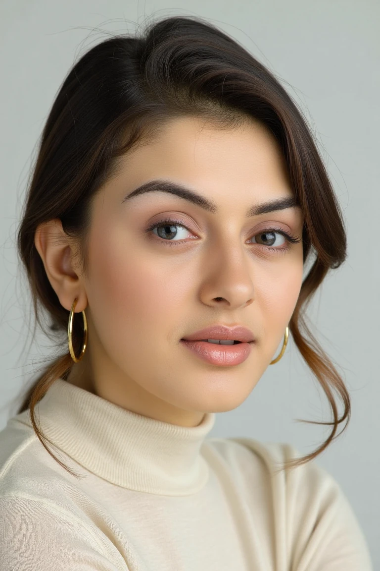 "A clean, minimalist portrait of a confident woman with striking eyes and a calm expression. She is wearing a light-colored sweater and gold hoop earrings that add a subtle touch of elegance. Her hair is neatly styled complementing the simplicity of the composition. The soft, diffused lighting highlights her flawless skin and natural beauty, while the neutral background emphasizes her serene and sophisticated demeanor."