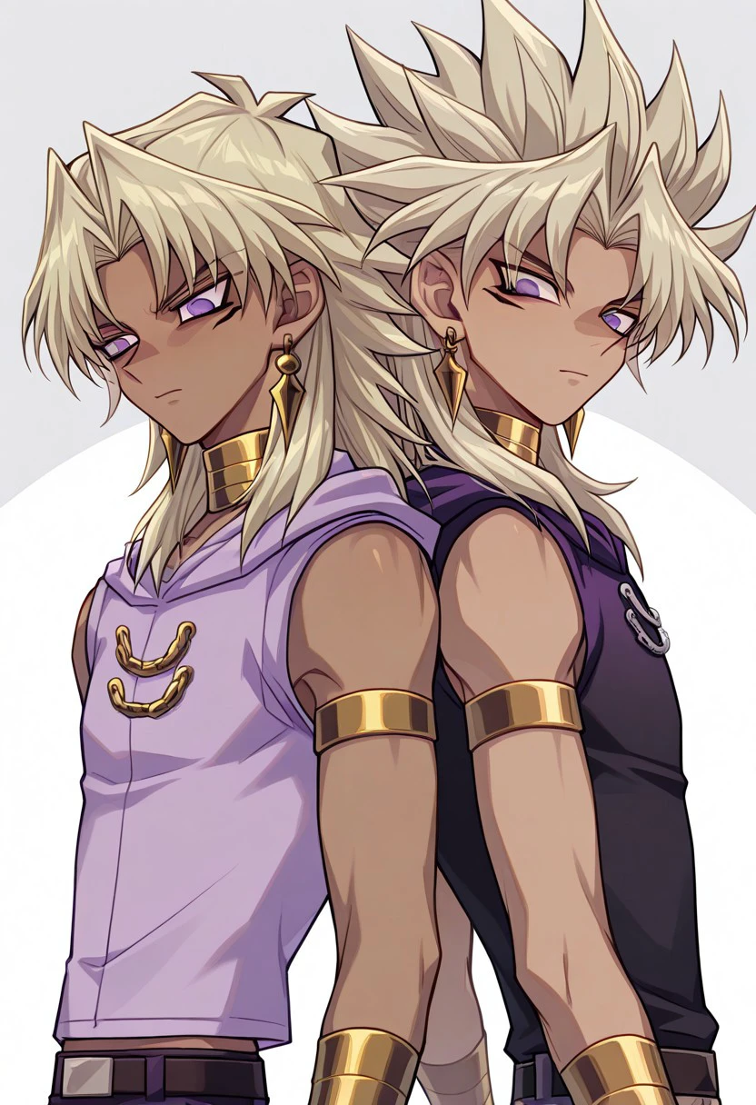 masterpiece, best quality, back-to-back, 2boys, dark skin, dual persona
marikuish, 1boy, male focus, dark skin, dark-skinned male, purple eyes, blonde hair, long hair, parted bangs, jewerly, earrings, neck ring, armlet, hoodie, hood, purple hoodie, sleeveless hoodie, BREAK
1boy, male focus, yami marik, dark skin, dark-skinned male, purple eyes, blonde hair, long hair, jewerly, earrings, neck ring, armlet, shirt, black shirt, BREAK
outdoor, sky