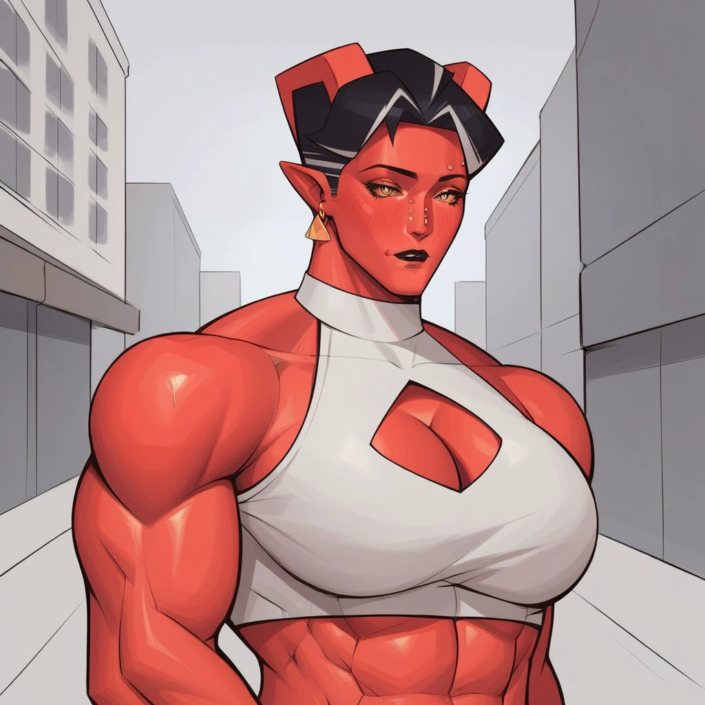 Ogre,horns,pink skin,red tattoo,pointy ears,red eyes,pink tail,
toned,hips,black hair,bob cut,
underwear,midriff,clothing cutout,
upper body,standing,cameltoe,
muscular,smile,covered nipples,teeth,
tarvern,night,
(insanely detailed, beautiful detailed face, masterpiece, best quality),<lora:Ogre-10DQv10:0.8>,