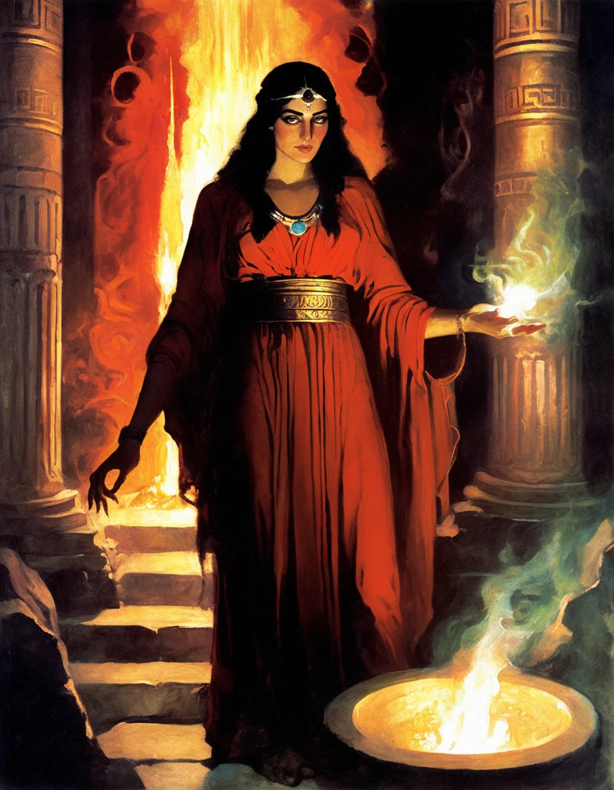 painting by Schoonover of an exotic sorceress, dressed in red, standing next to a large fire, using an incantation to conjure an evil spirit in the temple of Hades, in ancient Greece 360 BC <lora:FSchoonover-000003:1>