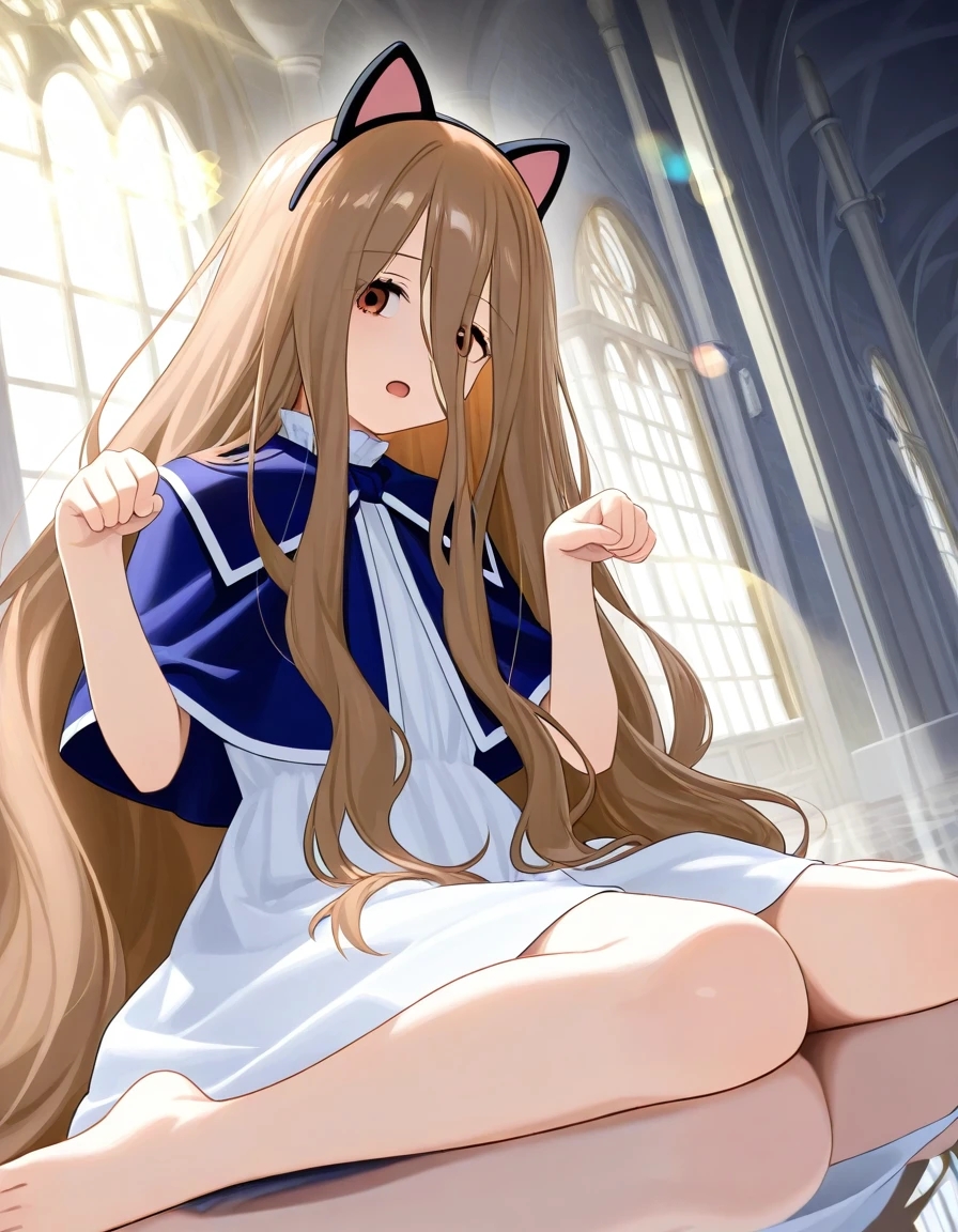 1girl, sense \(sousou no frieren\), very long hair, hair between eyes, brown eyes, light brown hair ,blue capelet, white dress, sunlight, lens flare, paw pose, fake cat ears, open mouth,wariza, on floor, reflective floor, castle interior, domino floor, dutch angle,
