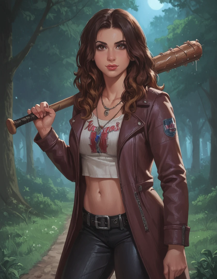 score_9, score_8_up, score_7_up, zPDXL, masterpiece, <lora:sn0wStyle:1> <lora:HKHorrorXL:1>1girl, solo, jewelry, necklace, brown hair, pants, navel, midriff, looking at viewer, baseball bat, long hair, brown eyes, jacket, leather, multicolored hair, weapon, coat, holding, lips, belt, kelly maxwell<lora:Kelly_Maxwell_Ash_VS_Evil_Dead_2015:0.8> forest, night, wide hips, thick thighs, voluptuous, venus body,