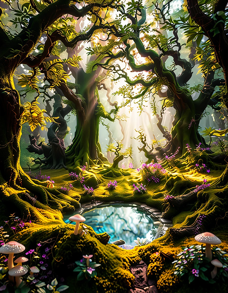A magical, enchanted forest,3nch4nt3d f0r3st bathed in soft, ethereal light. Towering ancient trees with twisted, gnarled branches stretch towards the sky, their leaves glowing faintly with bioluminescent hues of green and blue. The forest floor is lush with vibrant moss and scattered with luminous mushrooms of various colorsâpink, purple, and orangeâthat emit a soft, otherworldly glow. Golden and purple light filters through the dense canopy above, casting dappled patterns on the ground.
In the heart of the scene, a small, glowing orb hovers just above the moss, radiating warmth and subtle sparkles. Fireflies drift lazily through the air, leaving faint trails of light behind them. The atmosphere feels mystical and serene, as if this forest is alive with ancient magic. The overall lighting is dreamy, with a harmonious blend of soft pink, purple, and green tones that enhance the enchanted quality of the scene..<lora:SDXLFaeTastic2400:0.4> <lora:extremely_detailed:0.4> extremely detailed, <lora:3nch4nt3d_f0r3st:1>, Masterpiece,best quality,hi res,8k,hi res,8k,award winning,(sharp focus, intricate, highly detailed),