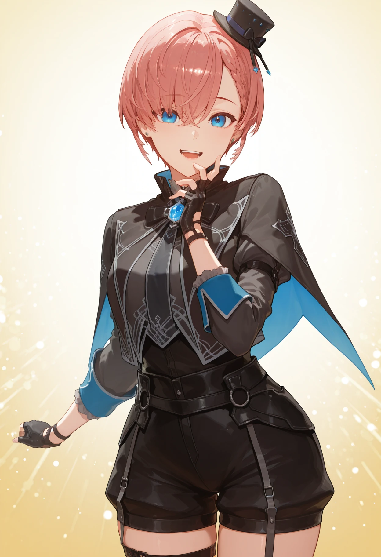 masterpiece, best quality, amazing quality,
<lora:luiIL:1>,
lui4th, short hair, black gloves, fingerless gloves, black shirt, long sleeves, earrings, black cape, black shorts, thigh strap, 1girl, solo, gradient background, abstract background, smile, hand up, cowboy shot, looking at viewer, braided bangs, open mouth, yellow background, capelet, mini top hat, black hat,