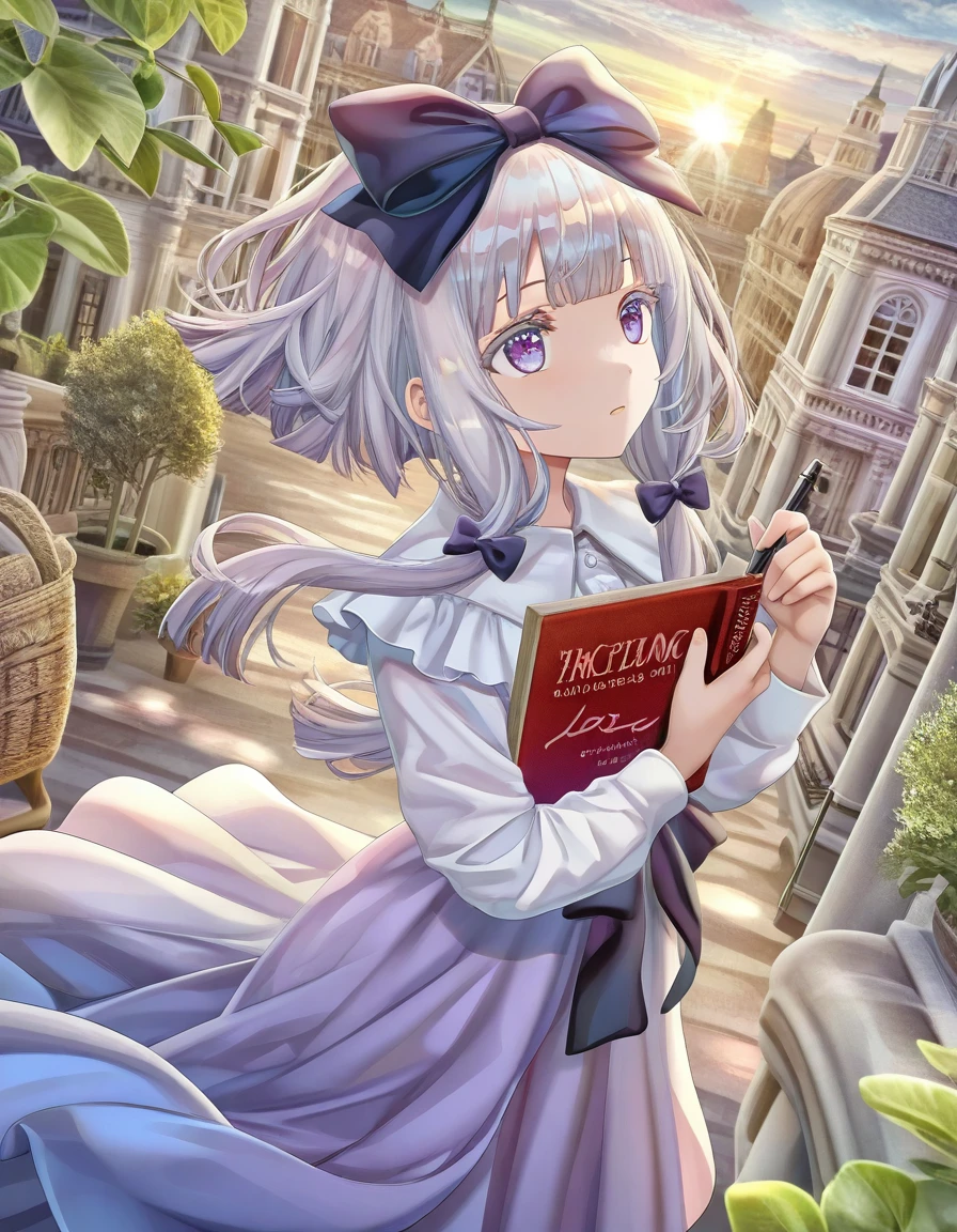 1girl,writing on a red book, blunt bangs, blunt ends, pink (blonde:0.8) white hair, purple eyes, colored eyelashes, sunlight, dutch angle, outdoors, hair_bow, short hair with long locks, low-tied sidelocks,wind, looking up,
artist: torino aqua