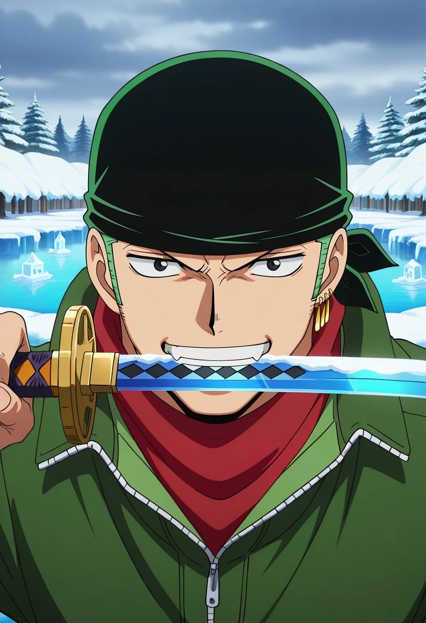 masterpiece, best quality, intricate details, anime screencap, anime coloring, , looking at viewer, 1boy, solo, male focus, <lora:zoro_roronoa_ilxl:0.92>, zoro_roronoa, green hair, black eyes, short hair, bandana, , earrings, katana, holding sword, mouth hold, teeth, winter garden, ice sculptures, snow-covered trees, frozen pond, exploring pose, delighted expression, overcast,