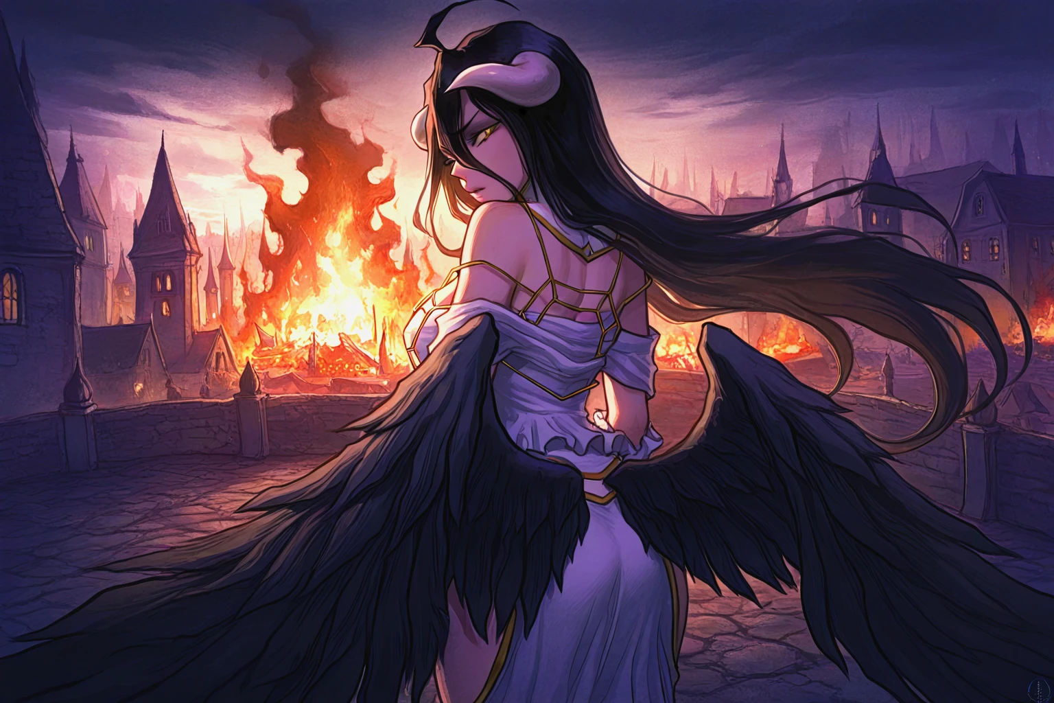 best quality, (high quality, highres, masterpiece), (watercolor \(medium\), rough:1.15),
1girl, albedo \(overlord\), dark theme, purple theme, black angel wings,
looking back, standing, burning city, medieval city, from a distance, scenery,
(round eyes, anime:0.4), detailed eyes,
<lora:Illustrious_Nat_The_Lich_-_Artist_Style:1> nat the lich