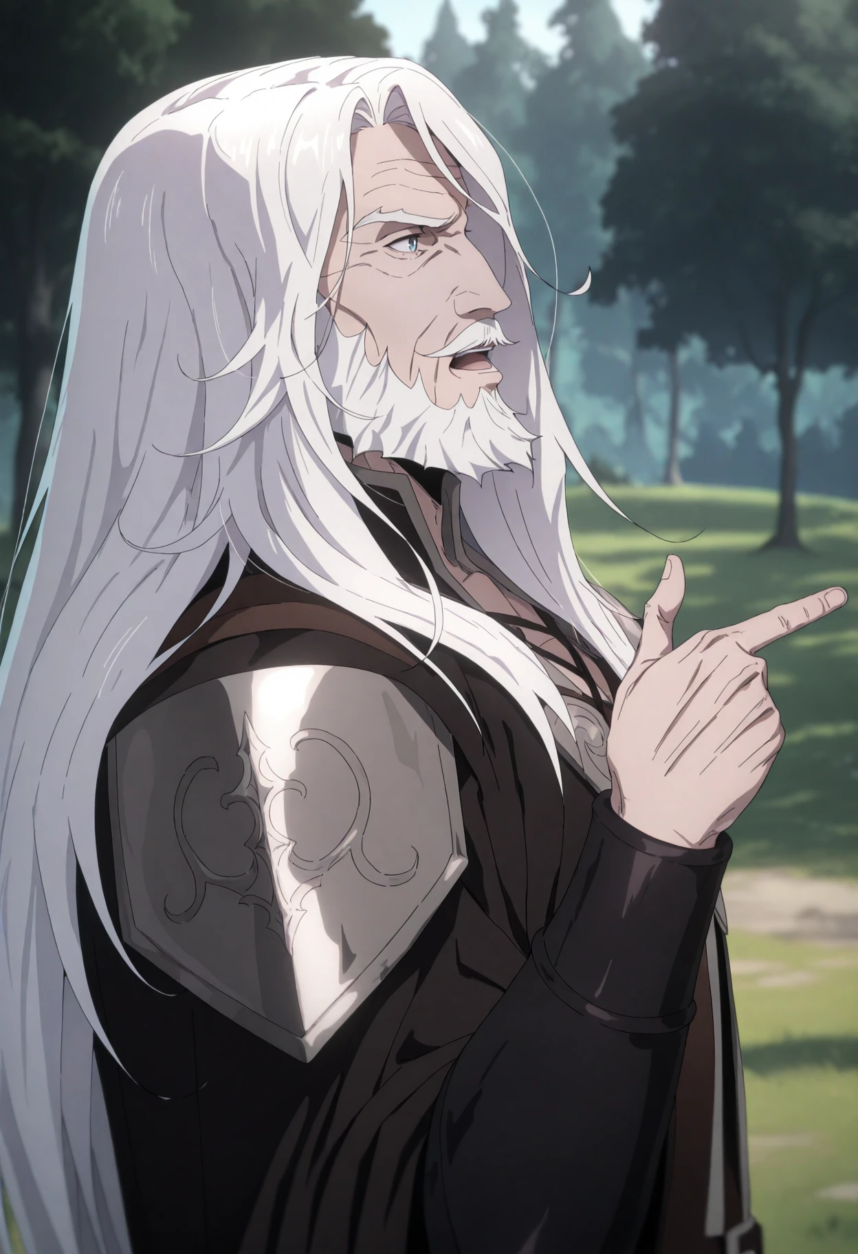 <lora:CastlevaniaNocturneILXL:1> n0cturn3,
1boy, facial hair, beard, male focus, solo, long hair, white hair, armor, old man, mustache, outdoors, finger gun, old, open mouth, pointing, tree, upper body, shoulder armor, from side, masterpiece, best quality, amazing quality, intricate detail, highly detailed, absurdres,